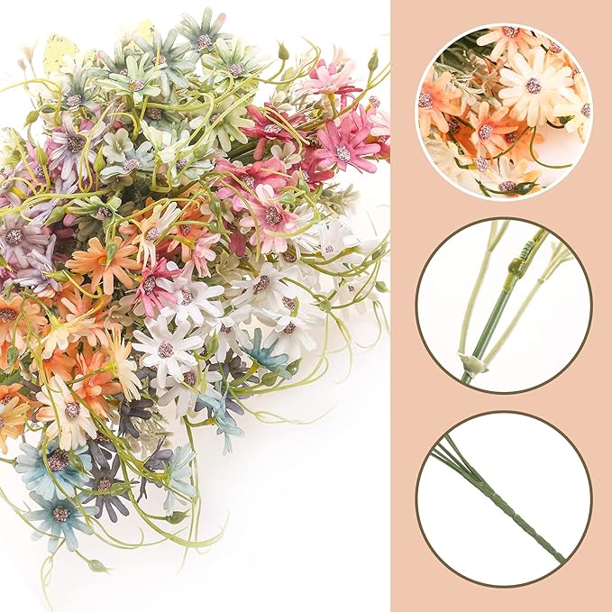 Artificial Flowers Wildflowers Silk Daisy Spring Fake Daisies Decoration Summer UV Resistant Colorful Mixed Bundles Faux Greenery Outdoor Plant Stem Filler for Home Decor Indoor Floral Arrangements