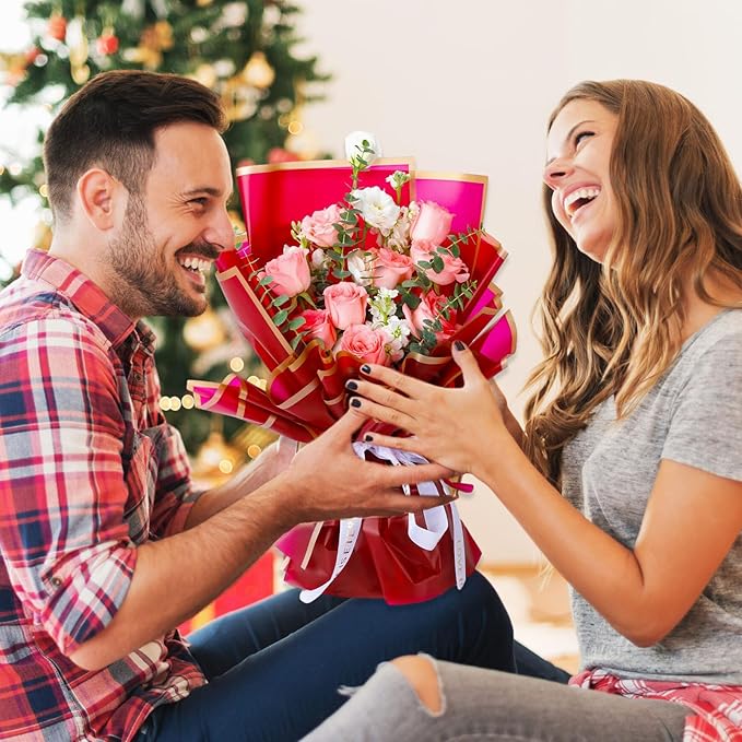 Luerbi 40 Sheets Red Flower Wrapping Paper, Gold Edge Waterproof Floral Wrapping Paper, 22.8x22.8 inch Bouquet Paper Wrap with 2 Rolls Ribbon for Wedding Birthday Gift DIY Crafts Florist Supplies