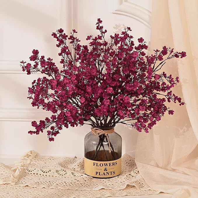 Yastouay Fake Fall Flowers Real Touch Silk Flowers, 5Pcs Fall Burgundy Artificial Flowers for Decorations, Babys Breath Artificial Flowers Bulk for Thanksgiving Fall Decor Floral Arrangement