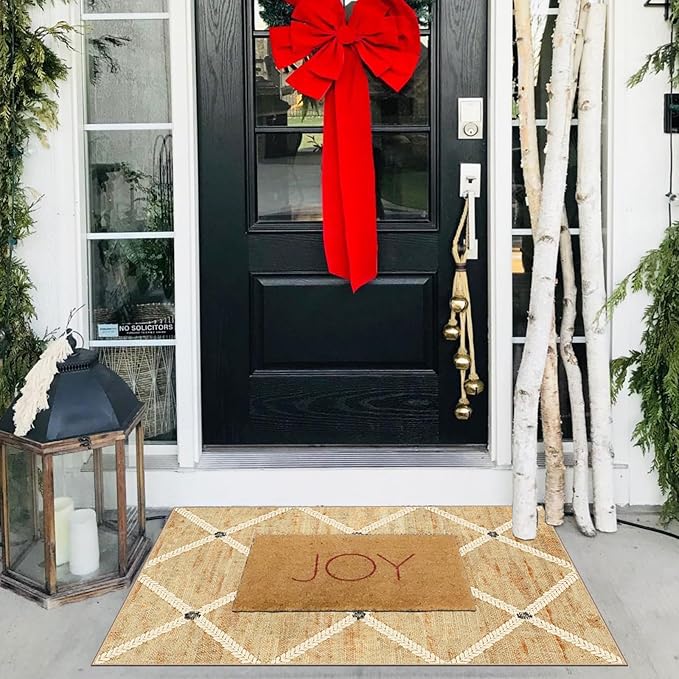 Front Door Mat Indoor - 2x3 Non-Slip Front Door Rug Washable Doormat Indoor Outdoor Entrance Woven-Look Beige Farmhouse Geometric Small Throw Rugs for Entryway Bedroom Kitchen Laundry Room