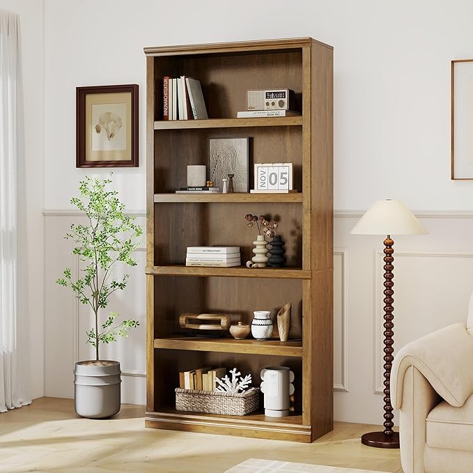 blini 5-Shelf Tall Bookcase Wooden Bookshelves 33in Wide Floor Standing Display Storage Shelves Vintage Oak Bookcase for Home Office, Living Room, Bed Room