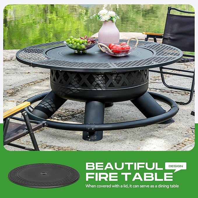Panovue 47 Inch Outdoor Wood Burning Fire Pit with 2 Grills,Extra Large 3-in-1 Fire Pit with Metal Lid & Fire Poker, Heavy Duty BBQ Firepits for Outside, Backyard, Bonfire, Patio & Party (47'' Black)