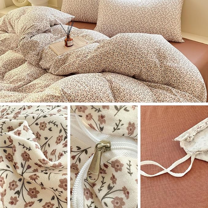 LifeTB Muslin Cotton Duvet Cover Set Queen Size Vintage Floral Duvet Cover Ultra Soft Breathable Comforter Cover Chic Flower Bedding Set Linen Feel Textured Gauze Comforter Cover with Zipper Closure