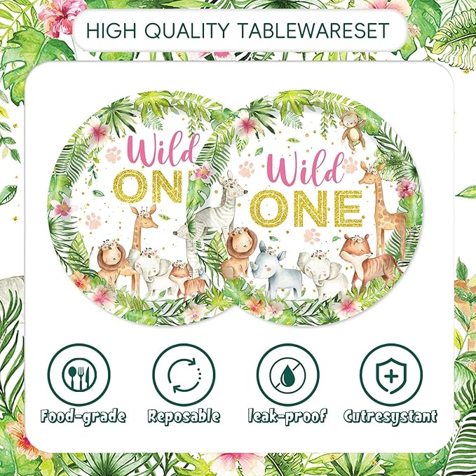 48Pcs Wild Birthday Decorations Plates and Napkins Forks Jungle Safari Animals Party Decorations for 16 Guests Two Wild Animals Birthday Decorations for Girls