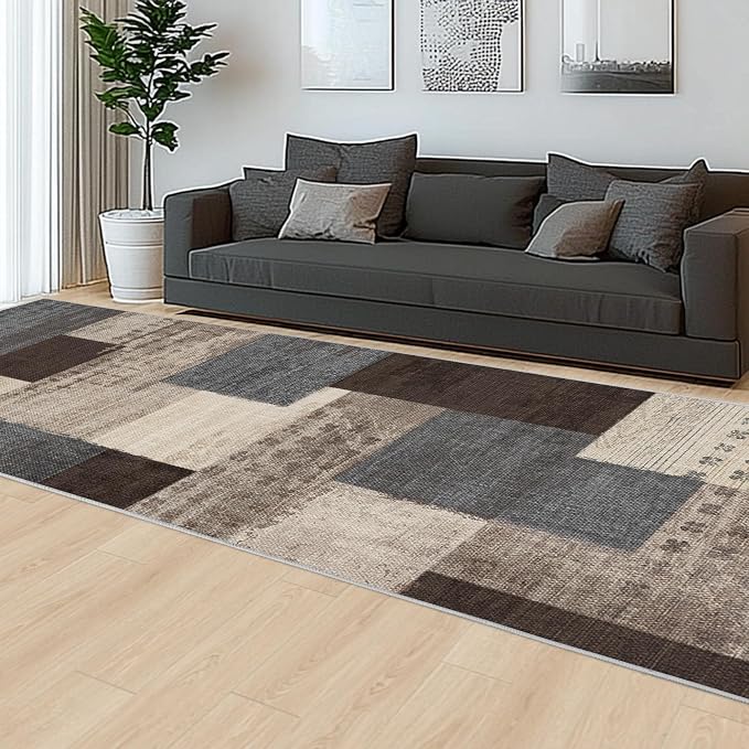 Modern Geometric Patchwork Indoor Runner Rug for Living Room, Blue-Taupe 2.7'x 10' Rug Rockwood Collection Hardwood Floors Decor for Bedroom, Blue Throw Carpet for Office Entryway Dining Room