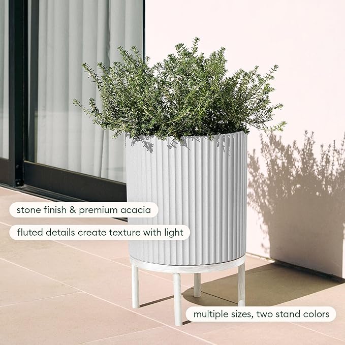 Veradek Demi Series Round Planter w/ Stand for Porch/Patio | Durable Plastic-Stone composite & Wooden Stand | Modern Décor for Tall Plants, Flowers