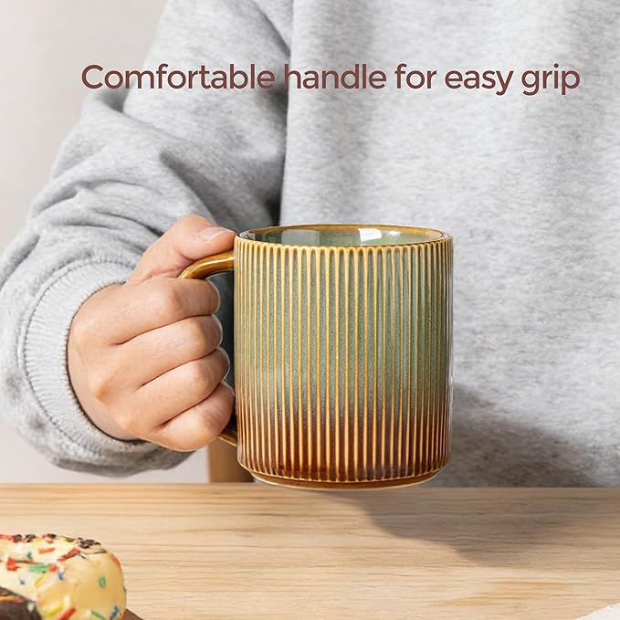 theterra Ceramic Coffee Mugs Set of 4, 14.2oz Handmade Coffee Cups with Handle for Latte, Tea, Milk, Beer, Hot Cocoa, Sage Umber