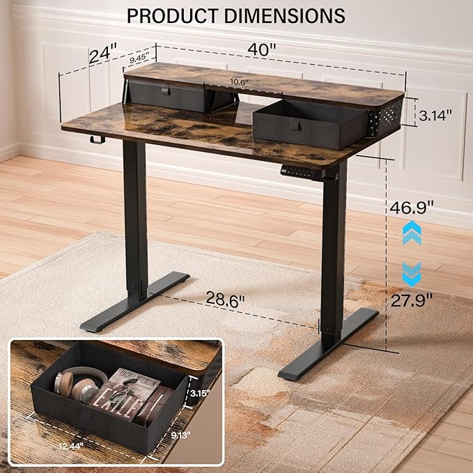 Electric Standing Desk with 2 Drawers 40''x 24'' Small Adjustable Height Sit to Stand Up Desk with Storage Shelf, C-Clamp Mount Compatible Home Office Desks Computer Gaming Table Ergonomic Workstation