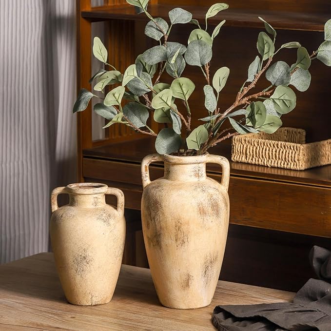 Large Ceramic Flower Vase,11.41 inch Tall Terracotta Farmhouse Rustic Vase with 2 Handles for Home Decor, Living Room Shelf Decor, Enterway, Wedding, Table Decoration