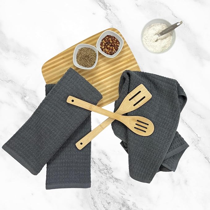 Waffle Grey Kitchen Dish Towels 100% Cotton Cloth Soft Cleaning Drying Absorbent Terry Box Loop: Set of 3 Multipurpose for Everyday Use (Grey Box)