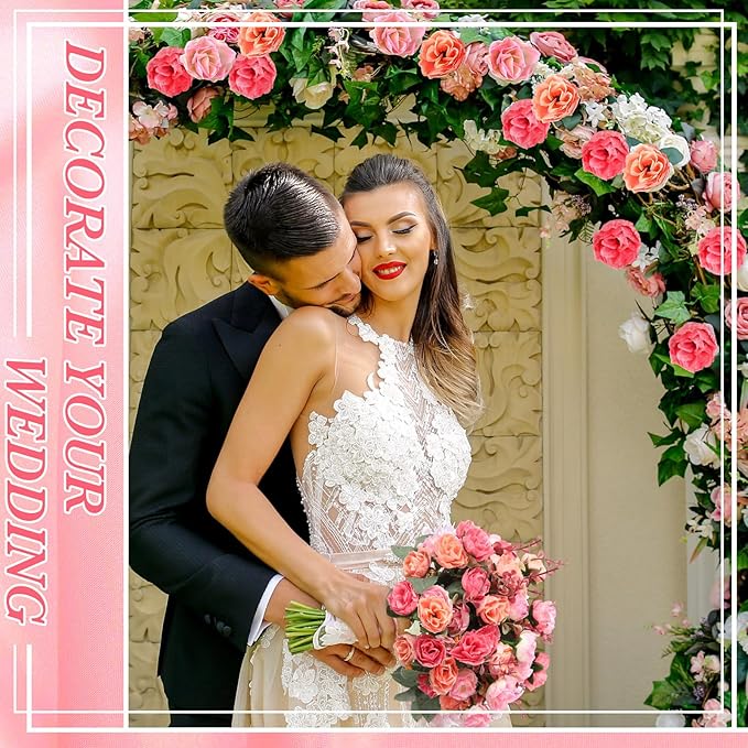 Geosar 16 Pcs Rose Artificial Flowers Fake Flowers Bouquet 21 Heads Silk Faux Floral Bundles with Stem for Home Bridal Wedding Arrangements Table Centerpieces Party Decor (Pink)