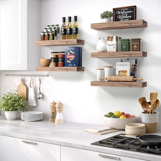 Sorbus Floating Shelves for Wall – 16 Inch Floating Shelf for Kitchen, Bedroom, Living Room, Bathroom, Home & Wall Decor - Mounted Bathroom Shelves with Invisible Brackets (Mahogany, 3 Pack)
