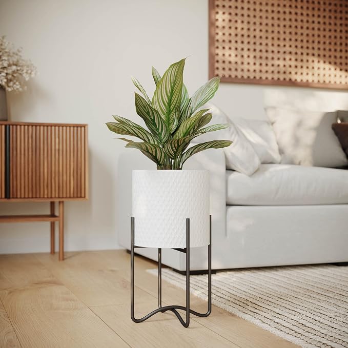 EverNest Claire Mid-Century Modern White Plant Pot with Ambrose Stand, SelectBase, Indoor Plant Pot, Bohemian Style, Minimalist Plant Home Décor (Small, Black)