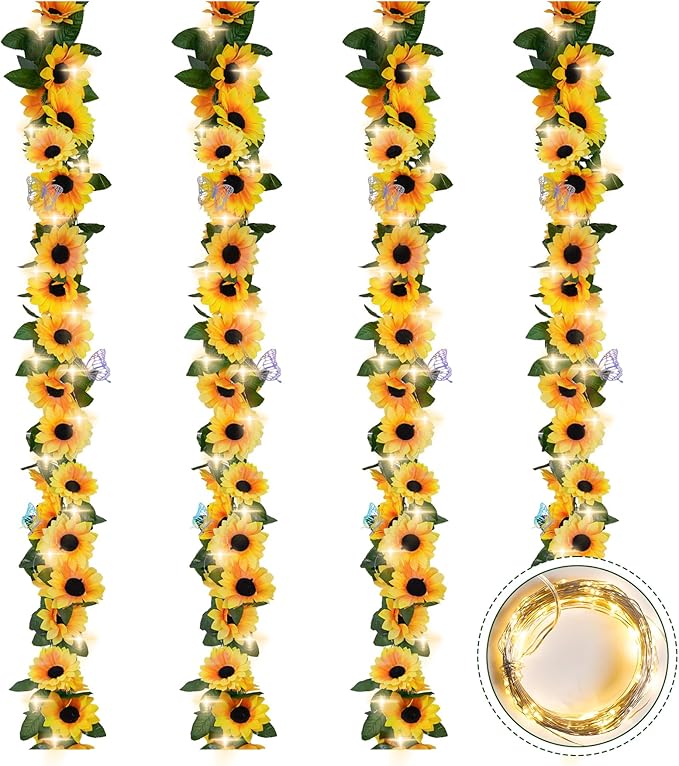 4 Pack Sunflower Garland Decor,7.5ft Artificial Sunflower Vines with Lights,Hanging Fake Silk Flower Garlands for Table Centerpieces Wedding Party Birthday Decorations