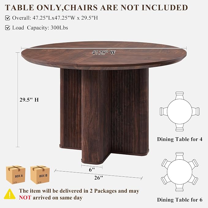 T4TREAM 47" Fluted Round Dining Table for Kitchen Living Room, Dark Walnut | Mid Century Modern Kitchen Table,Seats 4-6,Thickened Edge and Sturdy Reeded Pedestal Base