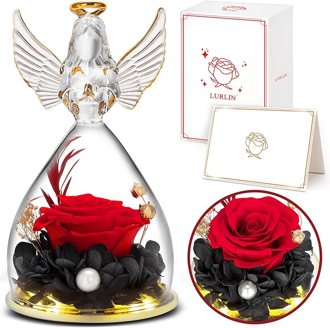 LURLIN Birthday Gifts for Women - Preserved Flowers & Glass Angel Figurines with LED Rose for Mom, Grandma, Wife, Friend, Teacher, Nurse, Anniversary Day Girls Gift
