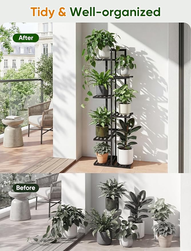 ROSSNY 48 Inch Tall Plant Stand Indoor, 6 Tier 7 Potted Bamboo Plant Stands for Indoor Plants, Corner Plant Stand, Tiered Plant Stands, Plant Shelf For Indoor, Planter Holder for Multiple Plants Indoor, Black