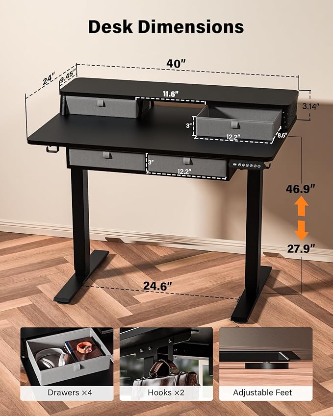 FiCiHi Adjustable Height Standing Desk with 4 Drawers,40 x 24 inches Electric Sit Stand Home Office Desk with Two Tiers, 3 Memory Presets, Monitor Stand Riser, C-Clamp Mount Compatible