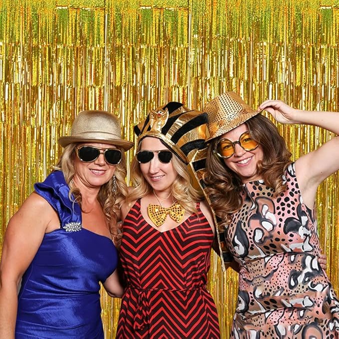 TONIFUL 3Pcs Laser Gold Door Streamers, Metallic Foil Fringe Curtains for Birthday, Christmas, New Year, Bachelorette, Graduation Parties (9.9ft x 6.6ft)