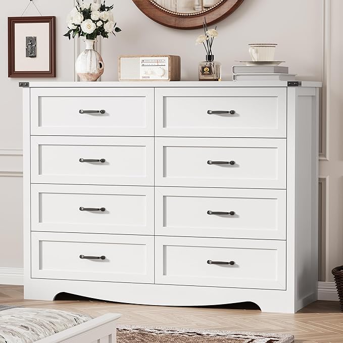 Dresser for Bedroom with 8 Drawers, 54" Wide Wood Chest of Drawers with Deep Drawers & Mental Handle, Modern Dresser TV Stand, Wooden Closet Storage Organizer for Living Room, Hallway, Entryway, White