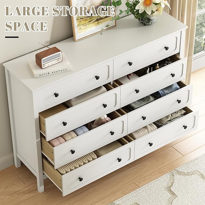 CARPETNAL White Dresser for Bedroom, 55" Wide 8 Drawer Dresser with Metal Handles and Deep Drawers, Modern Large Wood Chest of Drawers for Living Room, Hallway.