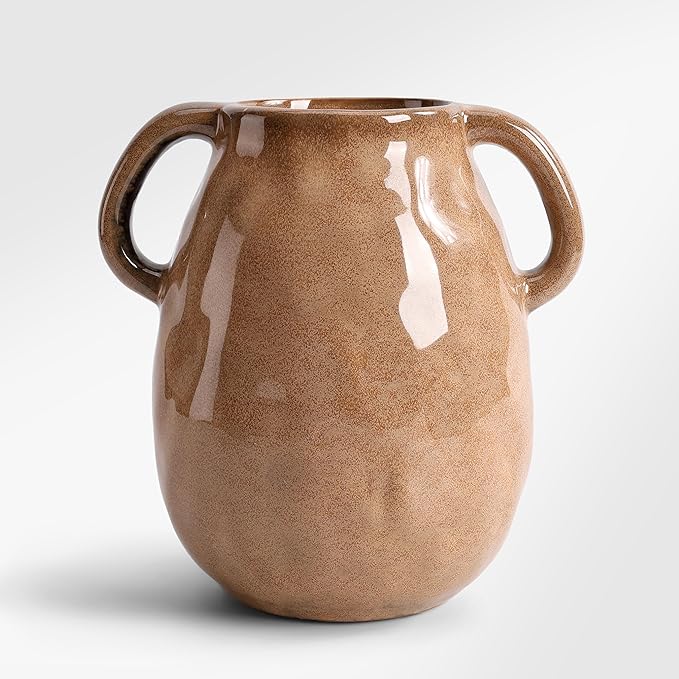 Antique Brown Ceramic Vase with Handles, Rustic Farmhouse Decor, 7 Inch Glazed Pottery Flower Vases for Home Decor, Handmade Decorative Vase for Flowers, Bouquet, Table, Kitchen, Living Room