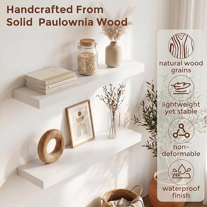 fuqing White Floating Shelves | 24 Inch Wood Floating Shelves for Wall Set of 2 | 24" W x 6.7" D x 1.4" H Rustic White Wooden Shelves for Bathroom Living Room Bedroom Kitchen