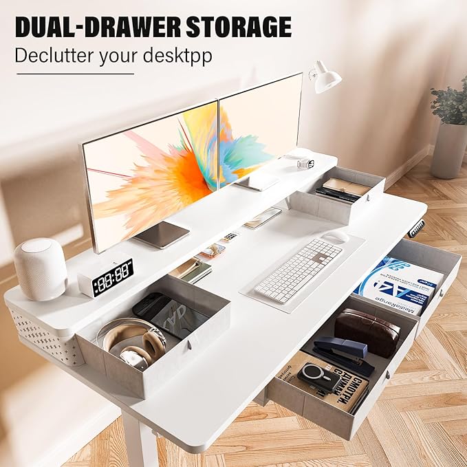 Electric Standing Desk with 4 Drawers 55''x 24'' Adjustable Height Sit to Stand Up Desk with Storage Shelf, C-Clamp Mount Compatible Black Home Office Desks Computer Gaming Table Ergonomic Workstation