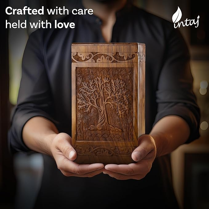 INTAJ Handcarved Wooden Cremation Urn for Human Ashes - Tree of Life Design, 250 lbs Capacity, Suitable for Adult Men and Women - Decorative Funeral Urn Box and Casket