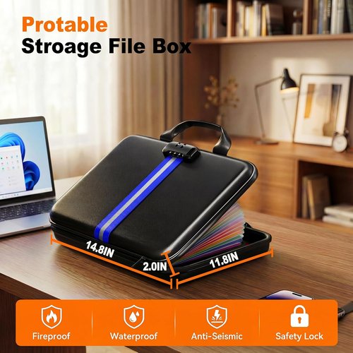 Fireproof Accordion File Organizer - Hard-Shell Document Box with 13 Pockets for Secure Storage