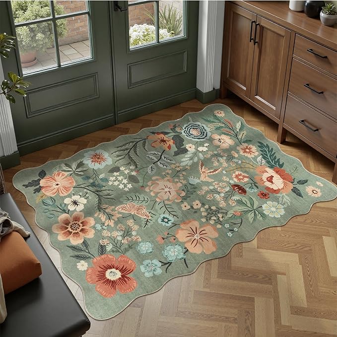 DCX Vintage Floral Rug 3x5, Washable Sage Green Rug for Living Room, Kid & Pet Friendly with Rubber Back Non Slip, Soft Low Pile Carpet, Stain Resistant Rug for Kitchen, Bedroom, Laundry, Bathroom