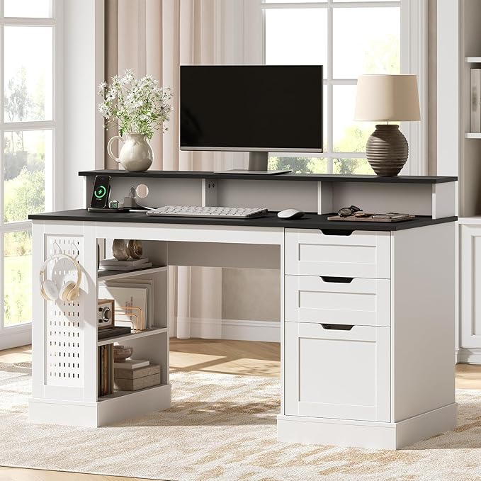 55-Inch Farmhouse Executive Desk with 2 Drawers and File Cabinet, Computer Desk with 3-Tier Storage Shelves, Home Office Desk with Charging Station, Pegboard and Monitor Shelf, White and Black