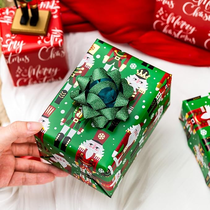 MAYPLUSS Christmas Nutcracker Wrapping Paper, Reversible Christmas Gift Wrapping Paper, Funky Cute Green Nutcracker Print Thick Gift Wrap Metallic Foil Paper for Holiday (Mini Roll, 17 Inch X 33 Feet)