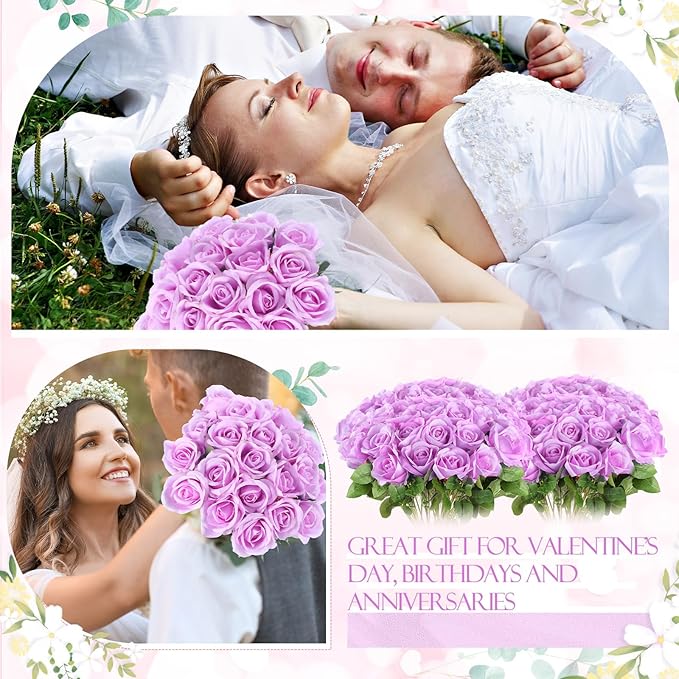 Jexine 50 Pcs Artificial Rose Flower Bulk Realistic Silk Fake Roses with Long Stem Plastic Artificial Flower Bouquet Real Looking for Home Wedding Centerpieces Party Decoration(Light Purple)