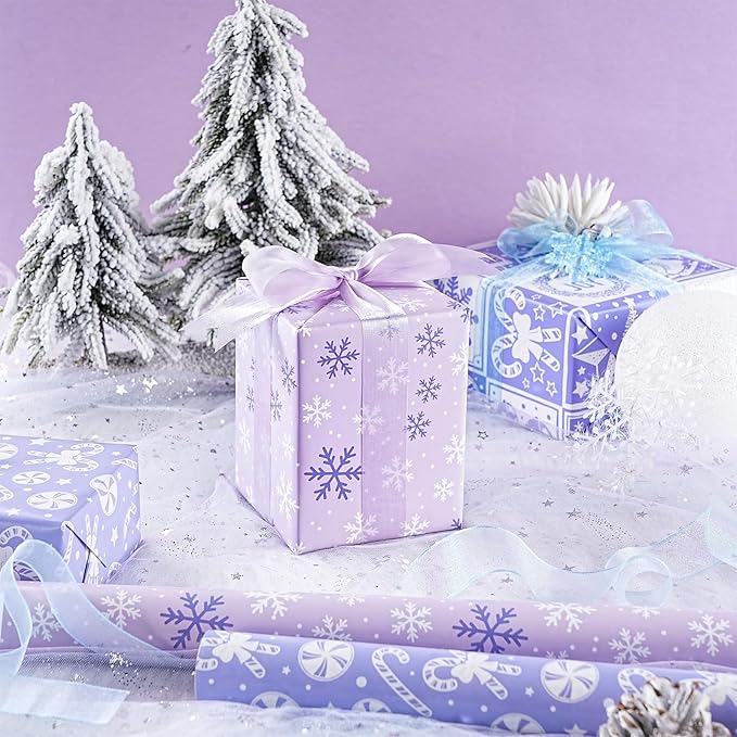 LeZakaa Christmas Wrapping Paper Mini Roll - Bell & Tree/Candy Canes/Snowflakes Design in Light Purple for Gift Wrap, Arts Crafts - 17 x 120 inches - 3 Rolls (42.5 sq.ft.ttl.)