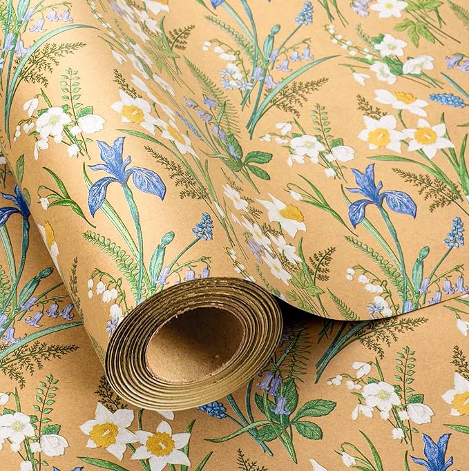 MAYPLUSS Kraft Floral Wrapping Paper - 17Inch x 33Feet - Elegant Meadow Gift Wrap Boho Garden Watercolor Flower Gift Wrapping Paper for Birthday, Wedding, Mothers Day, Bridal Shower, Engagement