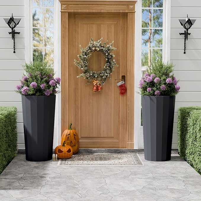 23.6" Tall Outdoor Planters Set of 2, Large Planters for Outdoor Plants for Porch Decor with Drainage Hole, Wide Stripe Design Porch Flower Pots for Indoor Pot Patio/Garden, Gray Blue