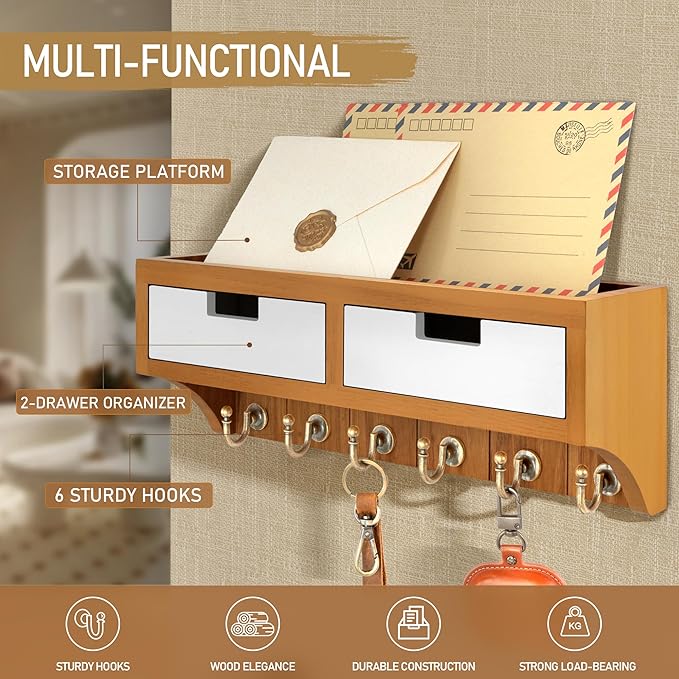 Rebee Vision Modern Farmhouse Key Holder Wall Mount with 2 Drawer Organizer : Mail Organizer with 6 Key Hooks and Wall Shelf - Home Organization for Room Decor (Light Brown & White)