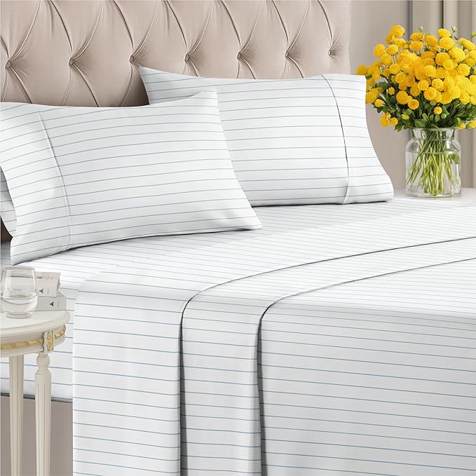 Striped Sheets - Blue & White Striped Sheets - 1 Flat & 1 Fitted & 2 Pillowcases w/ Deep Pockets – Wrinkle & Fade Free - Soft, Breathable and Cooling – Luxury Pinstripe Bedding - Queen Size Bed Set