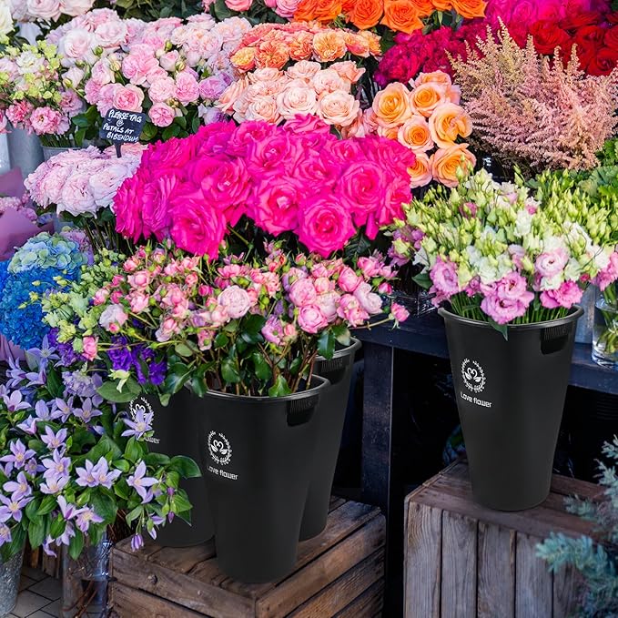 4-Pack Tall Flower Plant Buckets with Handles, Wake Up Flower Display Buckets, Flower Display Plastic Buckets, Black