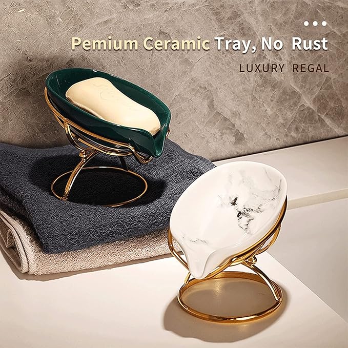 Dobbyby Leaf-Shaped Ceramic Soap Dish with Drain, Holder, Saver, Tray, Bar Soap Holder, Easy Cleaning, for Shower Bathroom Kitchen Sink Bathtub, Pro-Environment White