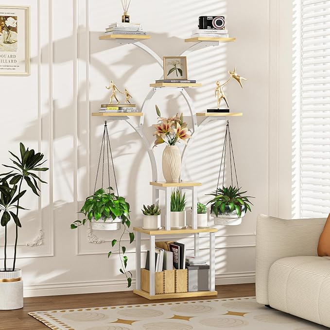 Elbourn 8 Tiered 60" Plant Stand Indoor Shelf with 3 Grow Lights (White) | Corner Shelf Decor