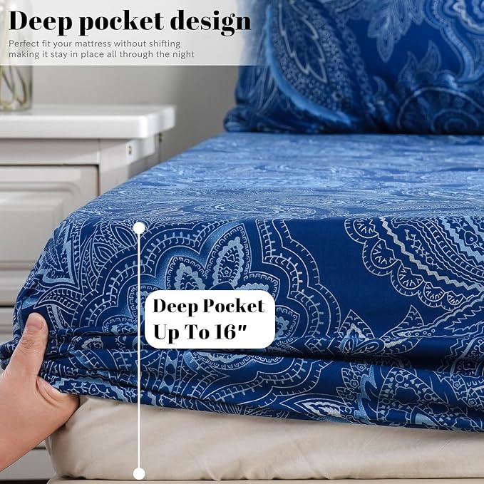 Bedlifes Twin Sheet Set Ultra Soft, Breathable, Silky Flower Deep Pocket 100% Microfiber Bedding, 3 Piece Twin Size Paisley Dark Navy Blue