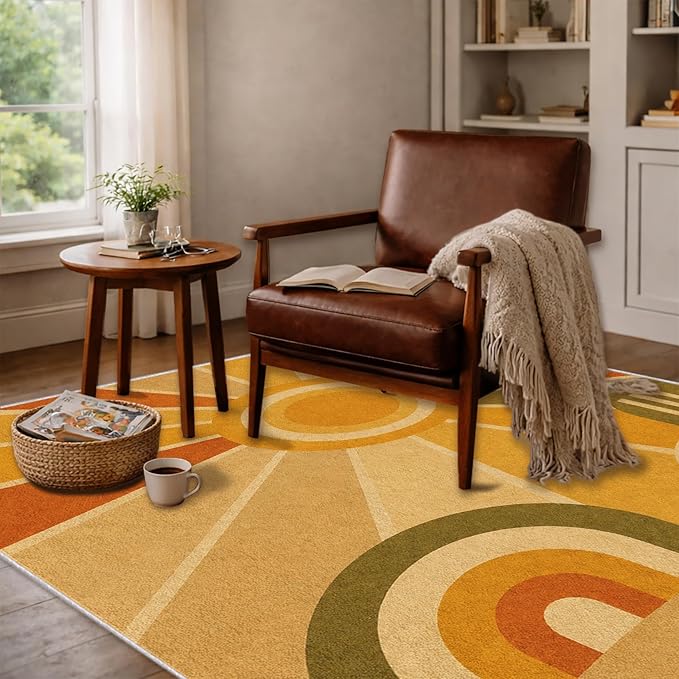 Golden Sunburst Area Rug 6x8, Mid Century Modern Retro Geometric Rug, 70s Style Abstract Washable Low Pile Non Slip Rug for Living Room Bedroom