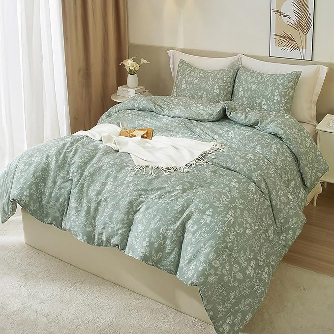 HighBuy 3 Piece Full Duvet Cover for Girl Green Botanical Floral Comforter Cover Full 100% Cotton Garden Chic Bedding Set with 2 Pillowcases All Season Cozy Floral Duvet Cover Set