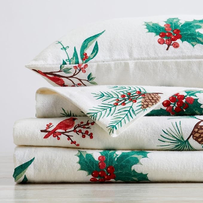 Market & Place 100% Cotton Queen Flannel Sheet Set | 4 Piece Deep Pocket Novelty Cozy Winter Bed Sheets | Double Brushed for Extra Softness & Comfort | Alpine Collection (Queen, Cardinal & Pine)