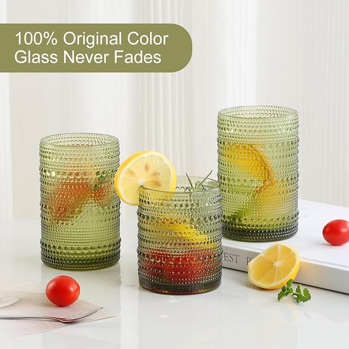 ZMOWIPDL Vintage Glassware Drinking Glasses Set of 12,Green 12oz & 15oz Hobnail Glass Cups,Embossed Water Tumbler,for Beer,Cocktail,Whiskey,Juice and Various Mixed Drinks- 1 Cleaning Brush