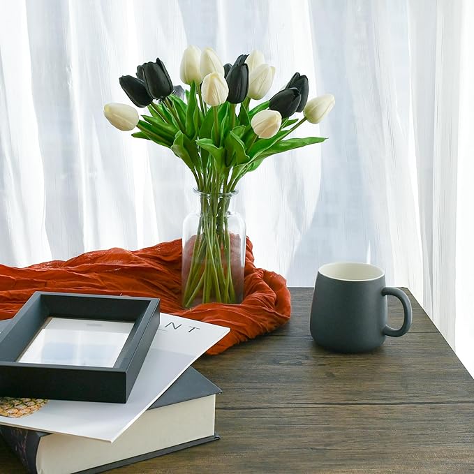 Mandy's Artificial Tulips 20 Stems Black and White PU Faux Flowers for Thanksgiving and Christmas Decorations Wedding Home Decor 13.5 Inch