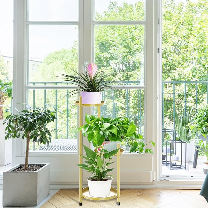 3 Tier Plant Stand Indoor Tall, Black Corner Tiered Round Plant Stand for Indoor Multiple Plants, Metal Flower Pot Stands Outdoor Holders Plant Shelf Display Rack for Balcony Living Room (3 Tier-Golden)