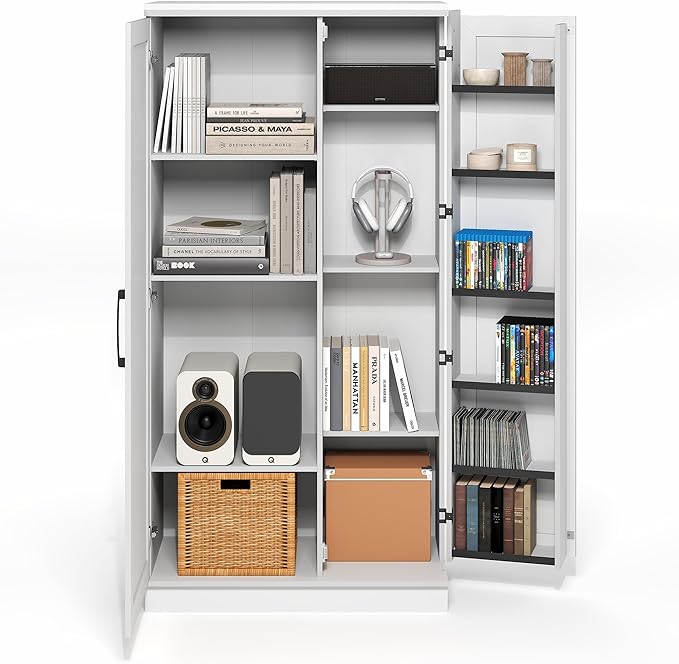 Furinno Robin Storage Cabinet, 4-Tier Pantry Cabinet with Adjustable Shelves, 35W with 2 Doors and Door Shelves, Kitchen Cabinet, Organization and Storage, for Pantry, Living Room, Home Office, White